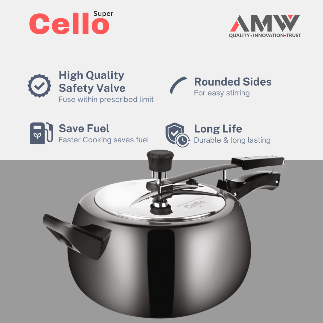 AMW Cello Super Graphite 5 Litre Hard Anodized Aluminum Pressure Cooker | Inner Lid | Contura Design | Gas Stove Compatible | Durable & Scratch-Resistant