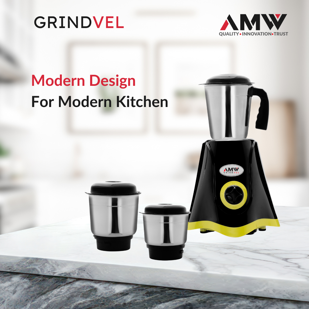AMW GRINDVEL 650-Watt Mixer Grinder with 3 Stainless Steel Jars | 3 Speed Control | Overload Protection | Shock-Proof ABS Body | Nylon Coupling | Powerful Motor (Black & Green)