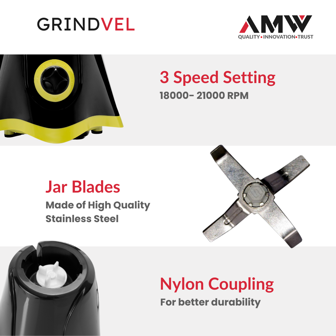 AMW GRINDVEL 650-Watt Mixer Grinder with 3 Stainless Steel Jars | 3 Speed Control | Overload Protection | Shock-Proof ABS Body | Nylon Coupling | Powerful Motor (Black & Green)