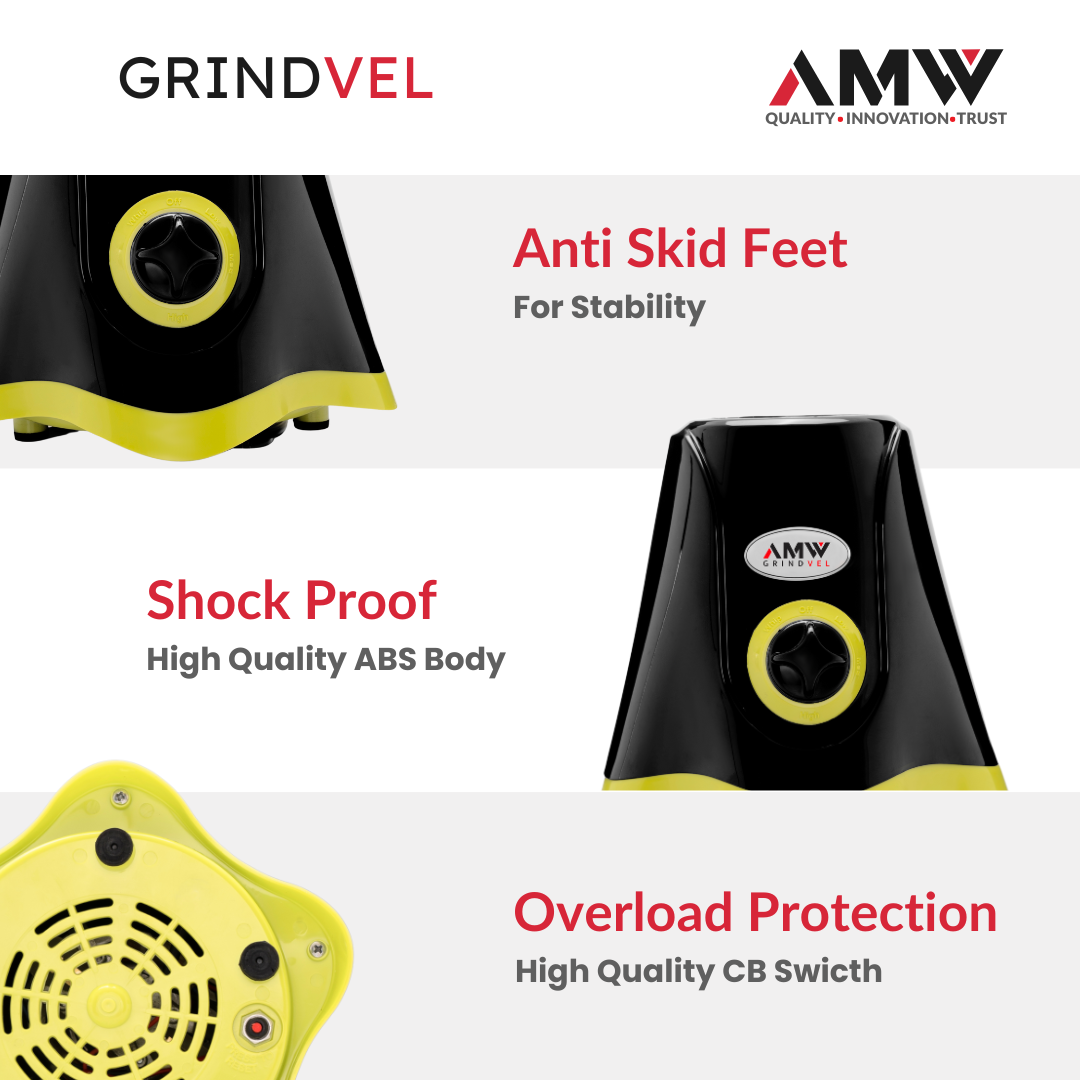 AMW GRINDVEL 650-Watt Mixer Grinder with 3 Stainless Steel Jars | 3 Speed Control | Overload Protection | Shock-Proof ABS Body | Nylon Coupling | Powerful Motor (Black & Green)