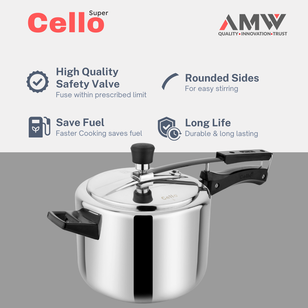 AMW Cello Super Dynamic 5 Litre Aluminum Inner Lid Pressure Cooker | Non-Induction Base | Sturdy & High-Performance