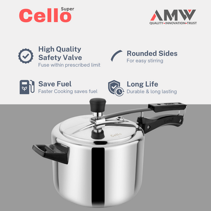 AMW Cello Super Dynamic 5 Litre Aluminum Inner Lid Pressure Cooker | Non-Induction Base | Sturdy & High-Performance