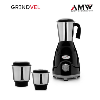 AMW GRINDVEL 750-Watt Mixer Grinder with 3 Stainless Steel Jars | 3 Speed Control | Overload Protection | Shock-Proof ABS Body | Nylon Coupling | Powerful Motor (Black & Grey)