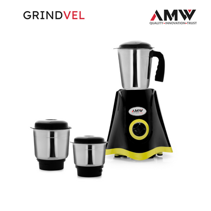 AMW GRINDVEL 650-Watt Mixer Grinder with 3 Stainless Steel Jars | 3 Speed Control | Overload Protection | Shock-Proof ABS Body | Nylon Coupling | Powerful Motor (Black & Green)