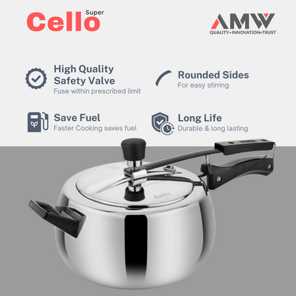 AMW Cello Super Contura 5 Litre Aluminum Inner Lid Pressure Cooker | Non-Induction Base | Gas Stove Compatible | ISI Certified