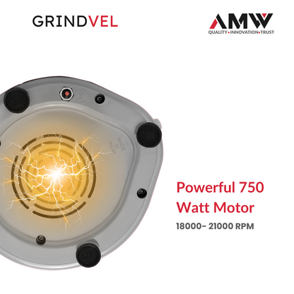 AMW GRINDVEL 750-Watt Mixer Grinder with 3 Stainless Steel Jars | 3 Speed Control | Overload Protection | Shock-Proof ABS Body | Nylon Coupling | Powerful Motor (Black & Grey)