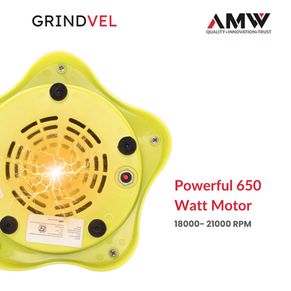AMW GRINDVEL 650-Watt Mixer Grinder with 3 Stainless Steel Jars | 3 Speed Control | Overload Protection | Shock-Proof ABS Body | Nylon Coupling | Powerful Motor (Black & Green)