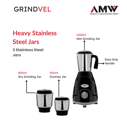 AMW GRINDVEL 750-Watt Mixer Grinder with 3 Stainless Steel Jars | 3 Speed Control | Overload Protection | Shock-Proof ABS Body | Nylon Coupling | Powerful Motor (Black & Grey)