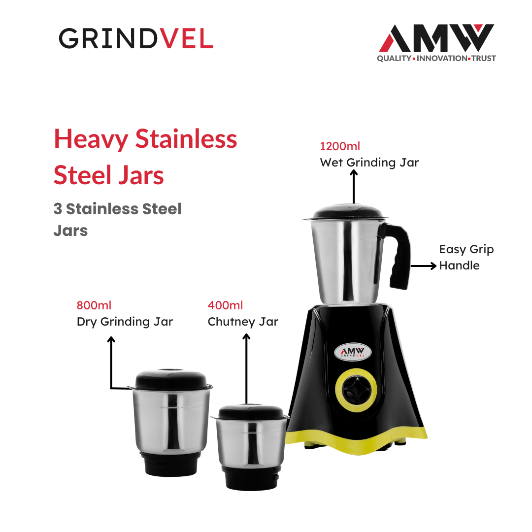 AMW GRINDVEL 650-Watt Mixer Grinder with 3 Stainless Steel Jars | 3 Speed Control | Overload Protection | Shock-Proof ABS Body | Nylon Coupling | Powerful Motor (Black & Green)