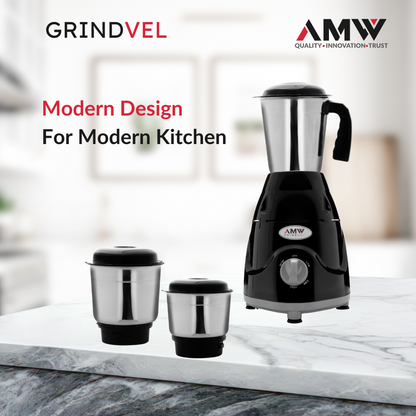 AMW GRINDVEL 750-Watt Mixer Grinder with 3 Stainless Steel Jars | 3 Speed Control | Overload Protection | Shock-Proof ABS Body | Nylon Coupling | Powerful Motor (Black & Grey)