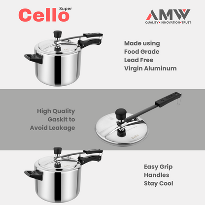 AMW Cello Super Dynamic 5 Litre Aluminum Inner Lid Pressure Cooker | Non-Induction Base | Sturdy & High-Performance