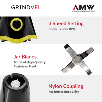 AMW GRINDVEL 650-Watt Mixer Grinder with 3 Stainless Steel Jars | 3 Speed Control | Overload Protection | Shock-Proof ABS Body | Nylon Coupling | Powerful Motor (Black & Green)