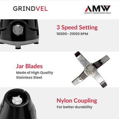 AMW GRINDVEL 750-Watt Mixer Grinder with 3 Stainless Steel Jars | 3 Speed Control | Overload Protection | Shock-Proof ABS Body | Nylon Coupling | Powerful Motor (Black & Grey)