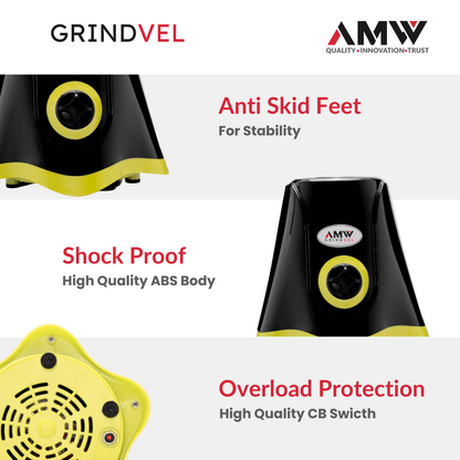 AMW GRINDVEL 650-Watt Mixer Grinder with 3 Stainless Steel Jars | 3 Speed Control | Overload Protection | Shock-Proof ABS Body | Nylon Coupling | Powerful Motor (Black & Green)
