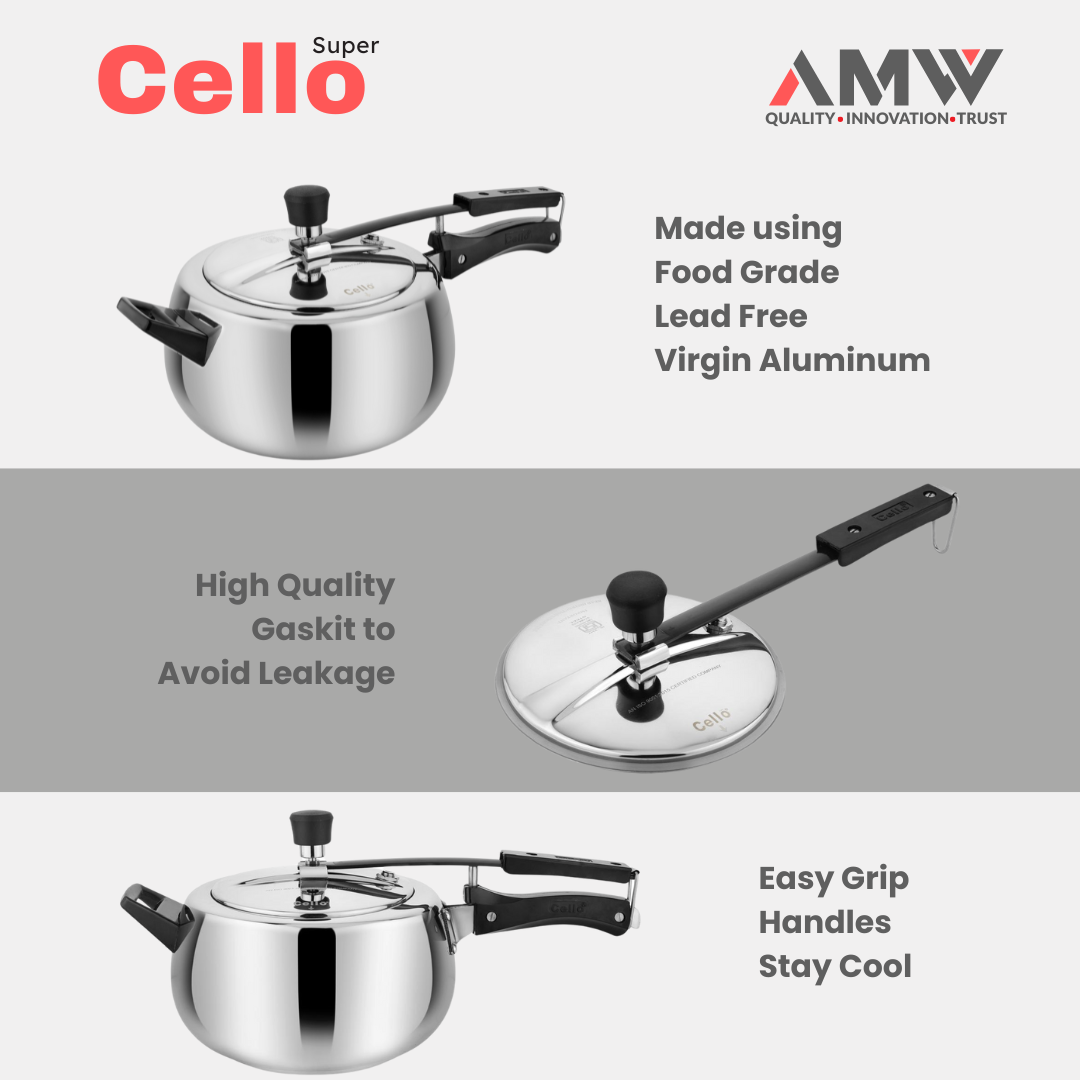 AMW Cello Super Contura 5 Litre Aluminum Inner Lid Pressure Cooker | Non-Induction Base | Gas Stove Compatible | ISI Certified