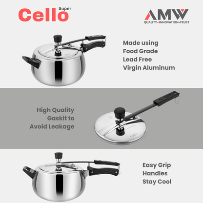 AMW Cello Super Contura 5 Litre Aluminum Inner Lid Pressure Cooker | Non-Induction Base | Gas Stove Compatible | ISI Certified