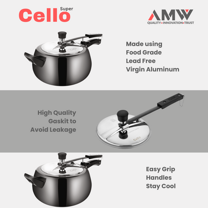 AMW Cello Super Graphite 5 Litre Hard Anodized Aluminum Pressure Cooker | Inner Lid | Contura Design | Gas Stove Compatible | Durable & Scratch-Resistant