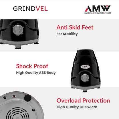 AMW GRINDVEL 750-Watt Mixer Grinder with 3 Stainless Steel Jars | 3 Speed Control | Overload Protection | Shock-Proof ABS Body | Nylon Coupling | Powerful Motor (Black & Grey)